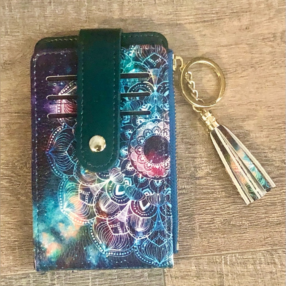 Telemint Galaxy Mandala Card Wallet with Teal Strap and Ket Ring